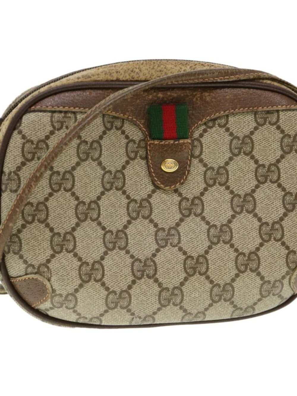 GUCCI Web Sherry Line GG Canvas Shoulder Bag PVC Leather Beige Green Auth rd4502 - Picture 2 of 16